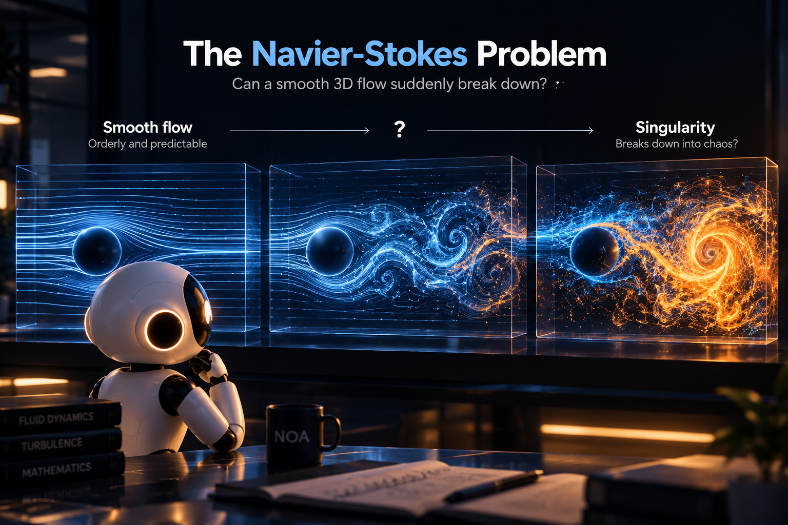 An illustration of the Navier-Stokes question: whether a smooth three-dimensional flow can develop a singularity.