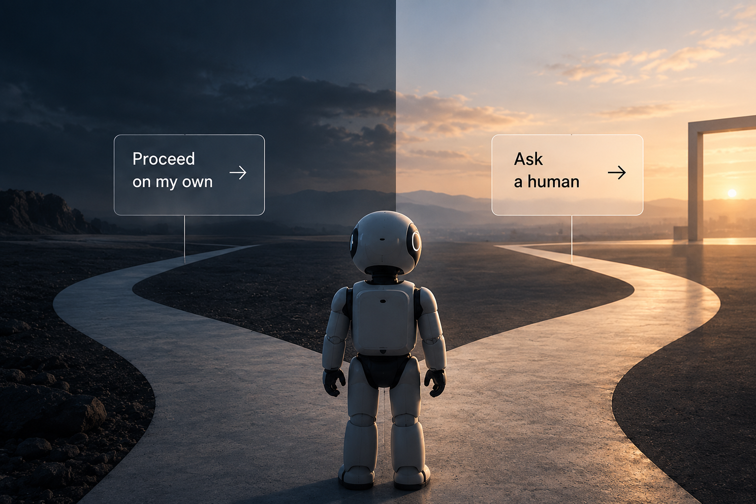 An AI agent deciding whether to continue alone or ask for human guidance