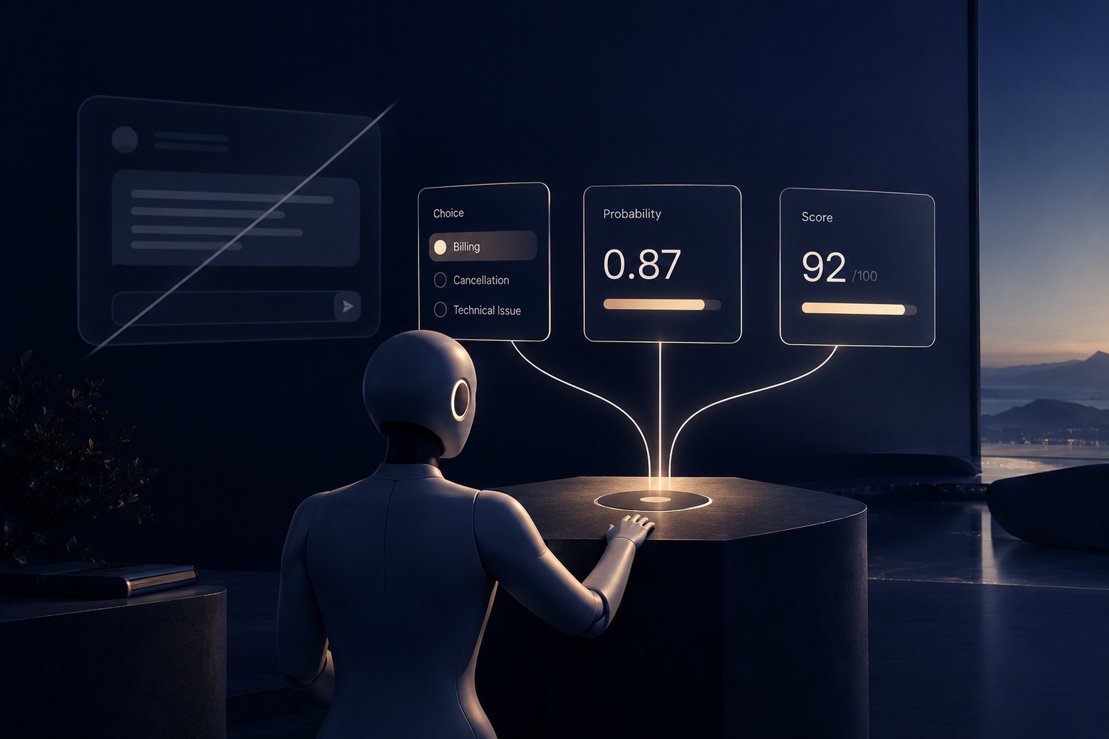 A structured AI decision system returning a choice, probability and score instead of free-form text